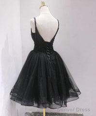 Black Tulle And Beaded Knee Length Straps Homecoming Dress, Black Short Prom Dresses