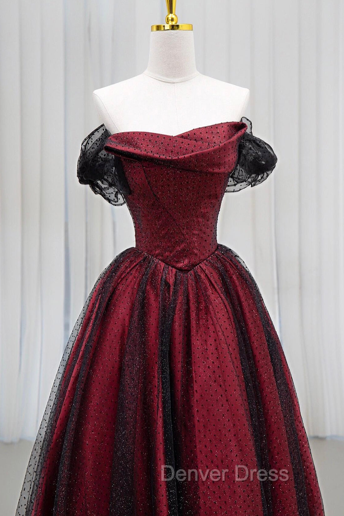 Black Tulle And Burgundy Satin Long Prom Dresses, Charming A-Line Party Dresses