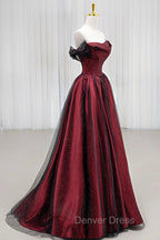 Black Tulle And Burgundy Satin Long Prom Dresses, Charming A-Line Party Dresses