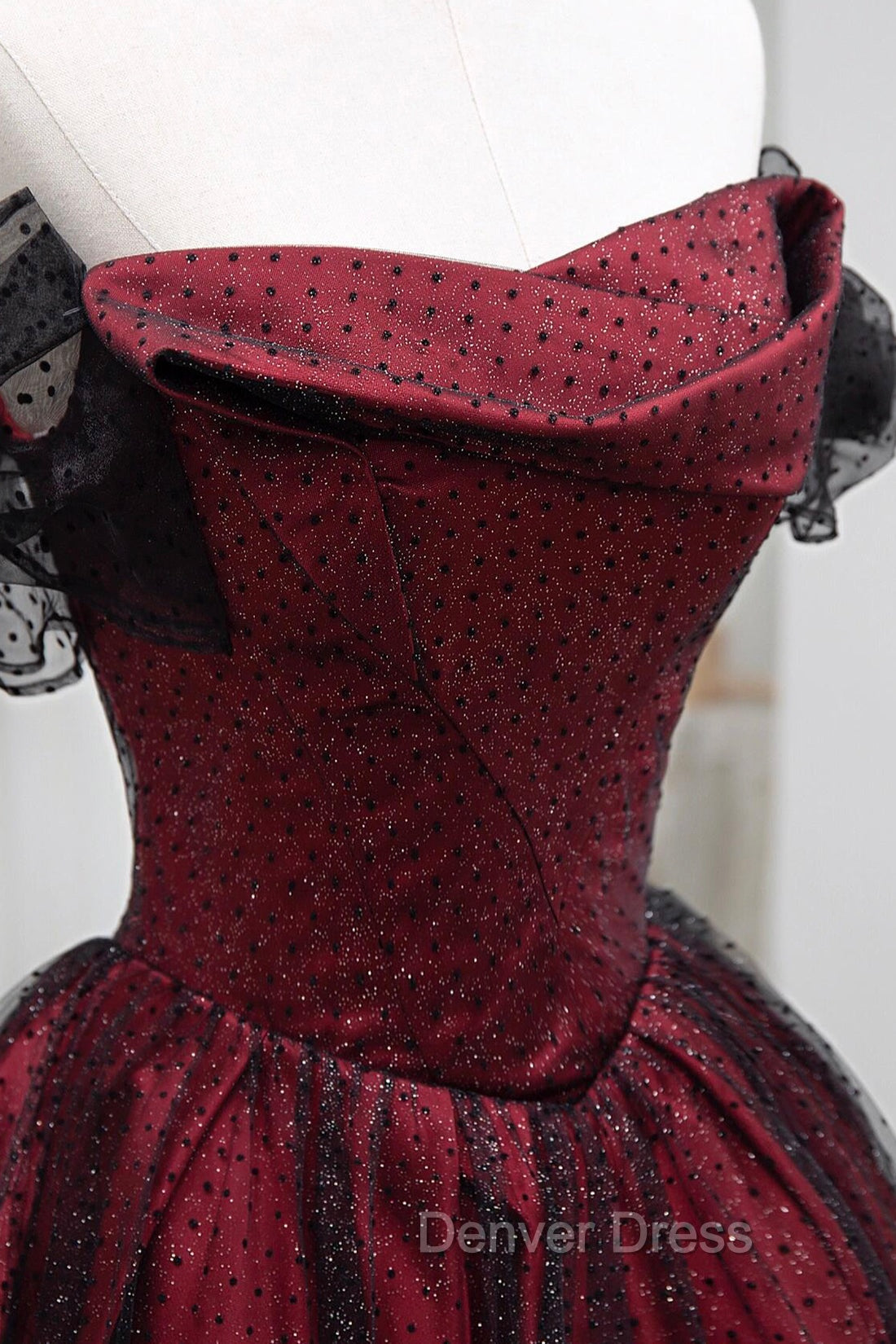 Black Tulle And Burgundy Satin Long Prom Dresses, Charming A-Line Party Dresses