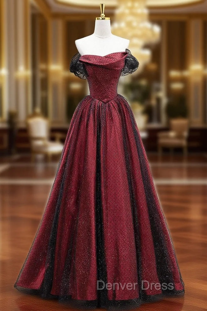 Black Tulle And Burgundy Satin Long Prom Dresses, Charming A-Line Party Dresses Main image