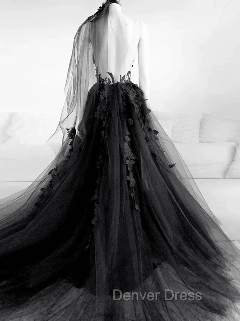 Black Tulle and Lace Long Prom Dresses Long Black Floral Formal Evening Dresses prom Dresses shops Secondary image