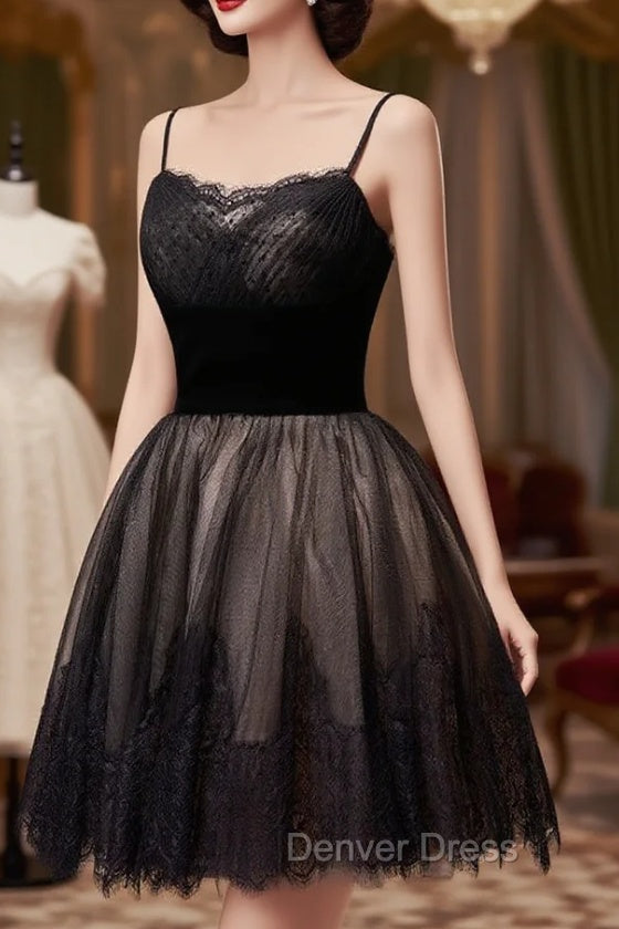 Black Tulle and Lace Straps Short Party Dresses, Black Homecoming Dresses