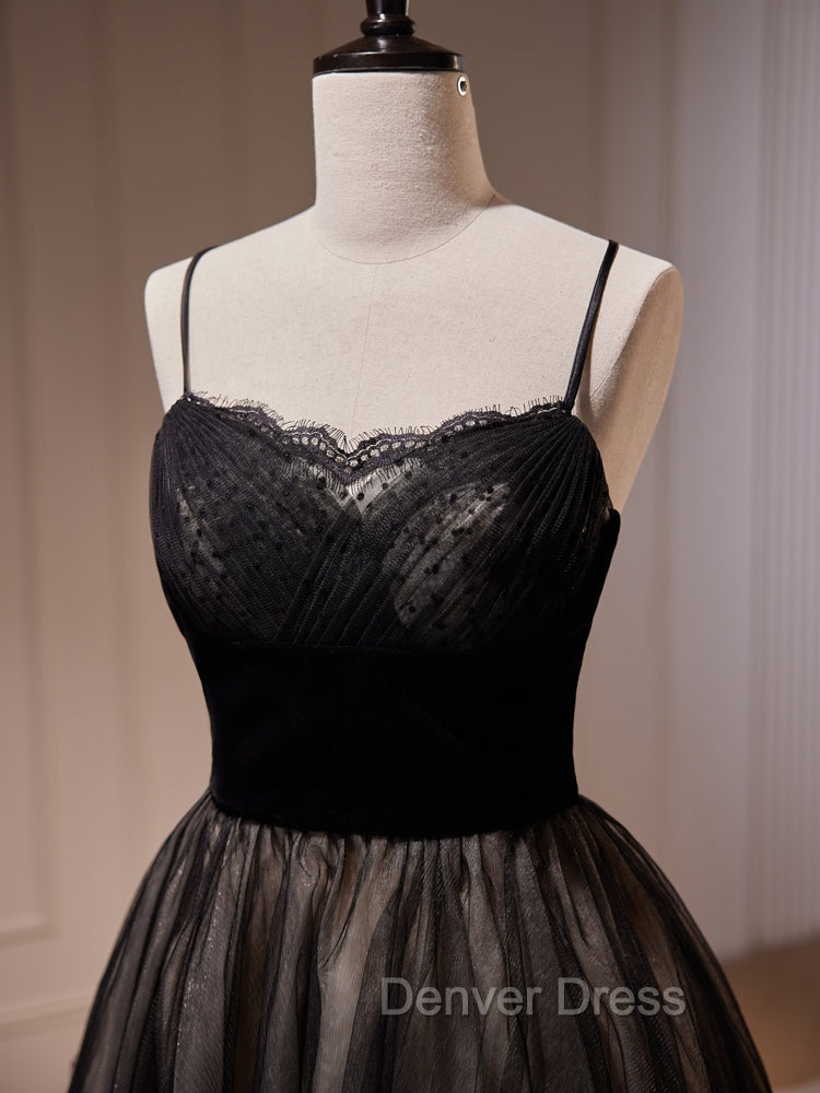 Black Tulle and Lace Straps Short Prom Dress, Black Homecoming Dresses