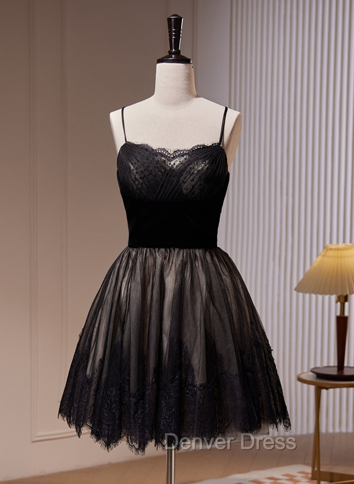 Black Tulle and Lace Straps Short Party Dresses, Black Homecoming Dresses Main image