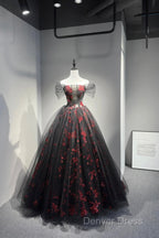 Black Tulle And Red Sequins Floor Length Prom Dresses, Off The Shoulder Evening Party Dresses