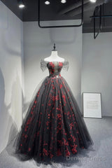 Black Tulle And Red Sequins Floor Length Prom Dress, Off The Shoulder Evening Party Dress