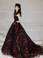 Black Tulle And Red Sequins Long Formal Dress, A-Line Strapless Evening Party Dress