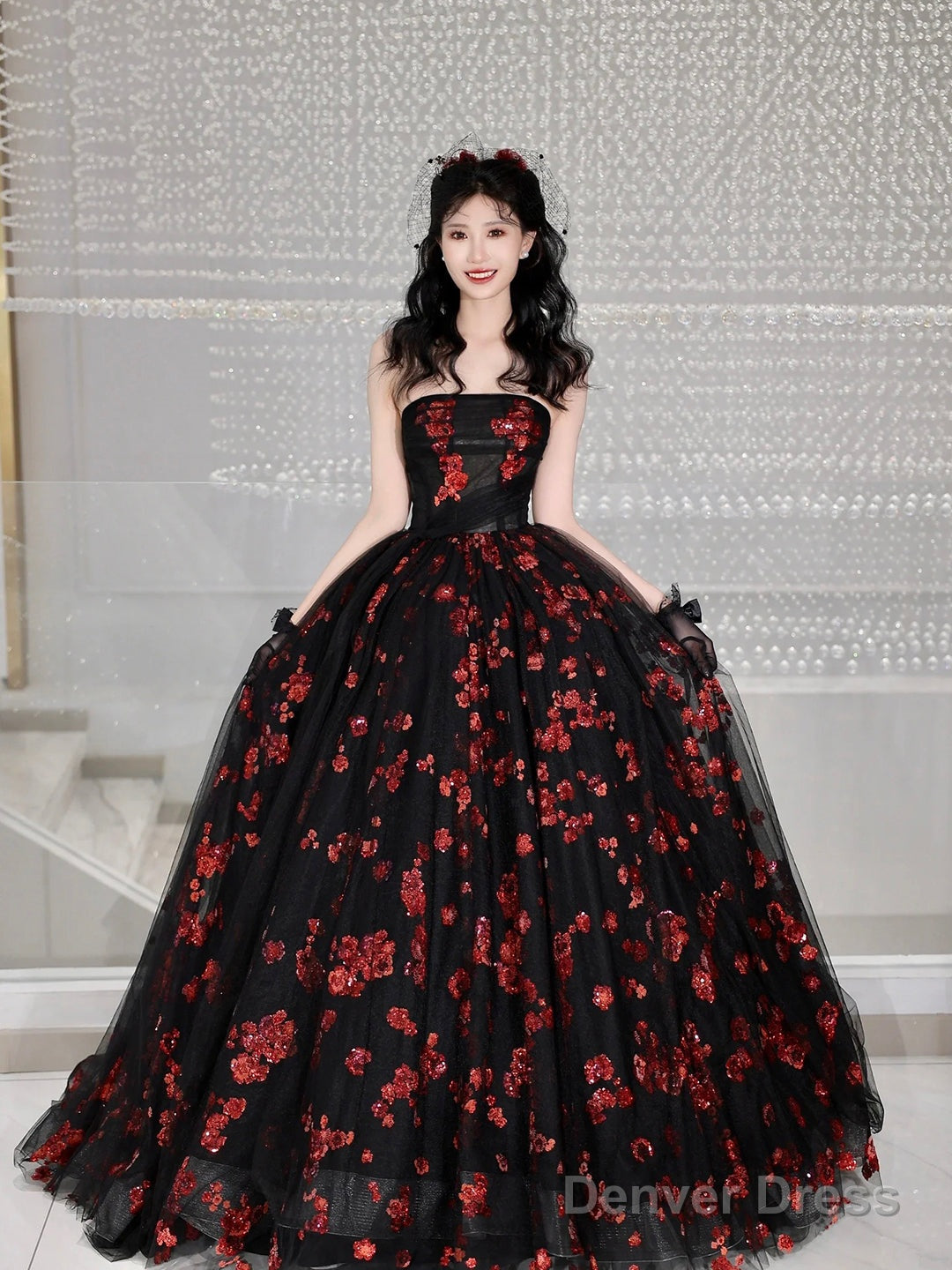 Black Tulle And Red Sequins Long Formal Dress, A-Line Strapless Evening Party Dress