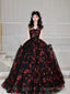 Black Tulle And Red Sequins Long Formal Dress, A-Line Strapless Evening Party Dress