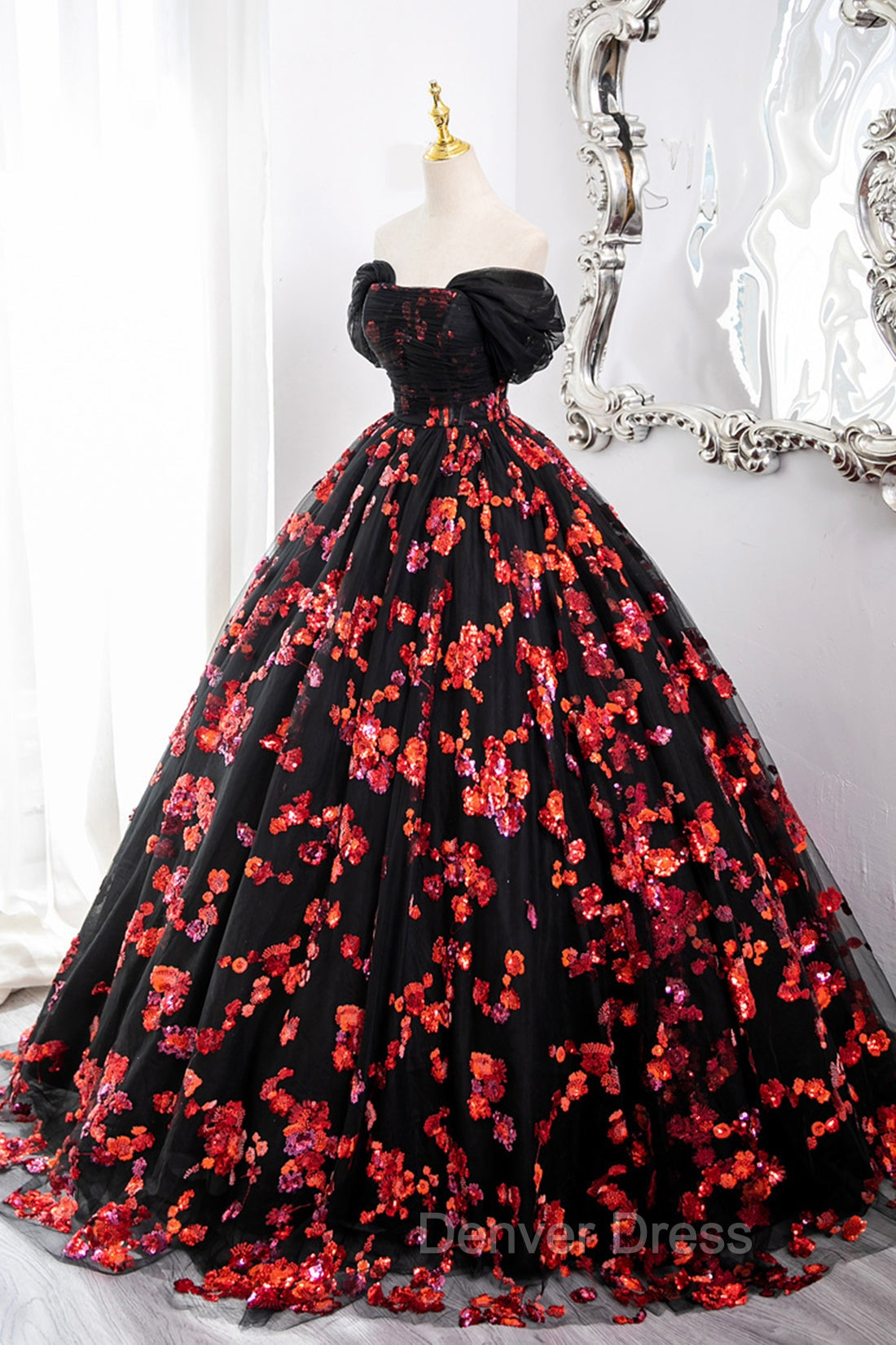 Black Tulle And Red Sequins Long Formal Dresses, Off The Shoulder Evening Dresses Secondary image