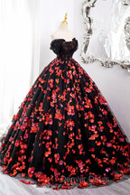 Black Tulle And Red Sequins Long Formal Dresses, Off The Shoulder Evening Dresses
