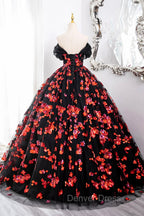 Black Tulle And Red Sequins Long Formal Dresses, Off The Shoulder Evening Dresses