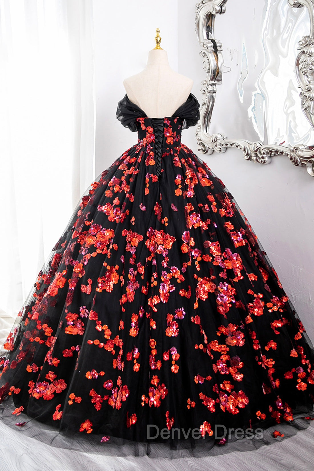 Black Tulle And Red Sequins Long Formal Dresses, Off The Shoulder Evening Dresses