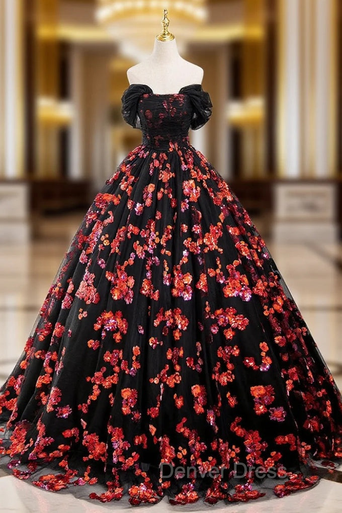 Black Tulle And Red Sequins Long Formal Dresses, Off The Shoulder Evening Dresses Main image