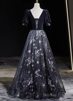 Black Tulle And Velvet A-Line Long Party Dress, Black Long Prom Dress