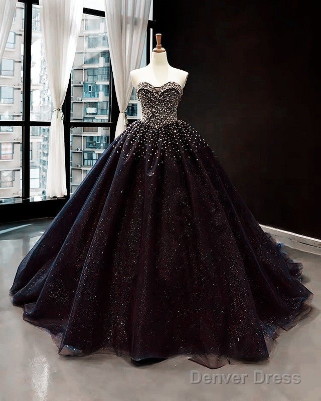 Black Tulle Ball Gown Dresses Sweetheart Beaded