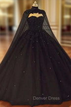 Black Tulle Ball Gown Wedding Party Dresses with Cap, Black Lace Formal Gown