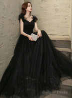Black Tulle Beaded A-Line Long Prom Dress, Short Sleeves  Party Dress