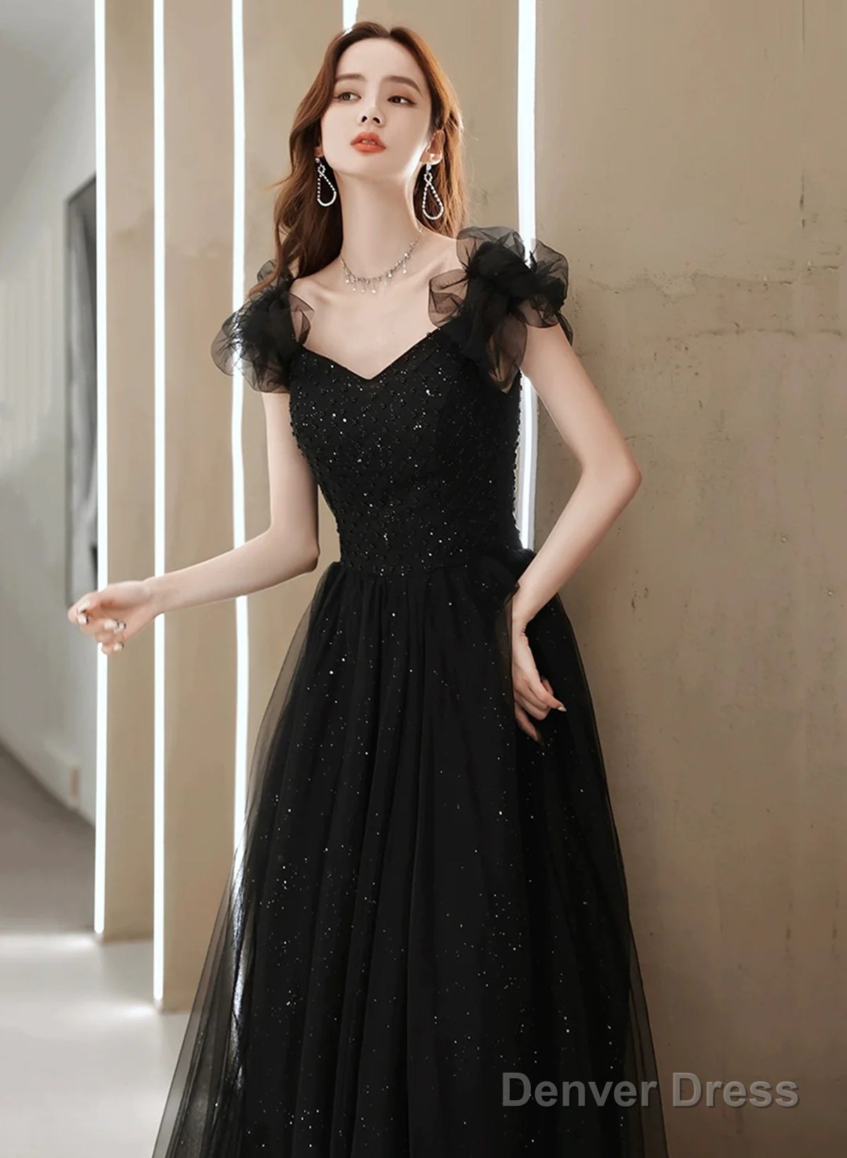 Black Tulle Beaded A-Line Long Prom Dress, Short Sleeves  Party Dress