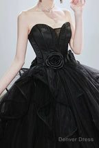 Black Tulle Beaded Long Ball Gowns, A-Line Strapless Prom Gowns