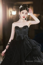 Black Tulle Beaded Long Ball Gown, A-Line Strapless Evening Formal Gown