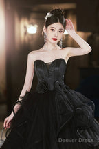 Black Tulle Beaded Long Ball Gowns, A-Line Strapless Prom Gowns