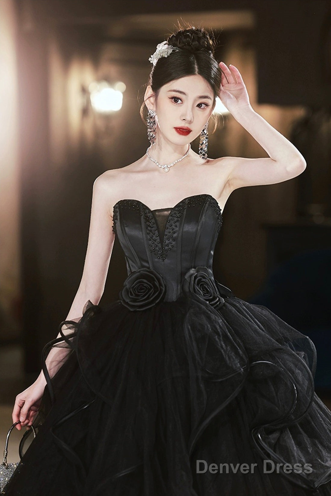Black Tulle Beaded Long Ball Gowns, A-Line Strapless Prom Gowns