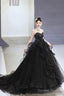 Black Tulle Beaded Long Ball Gowns, A-Line Strapless Prom Gowns