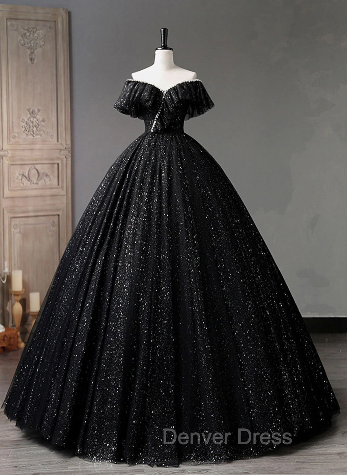 Black Tulle Beaded Long Formal Gown, Black Tulle A-line Prom Dresses Secondary image