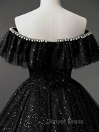 Black Tulle Beaded Long Prom Gowns, Black Tulle A Line Prom Dresses