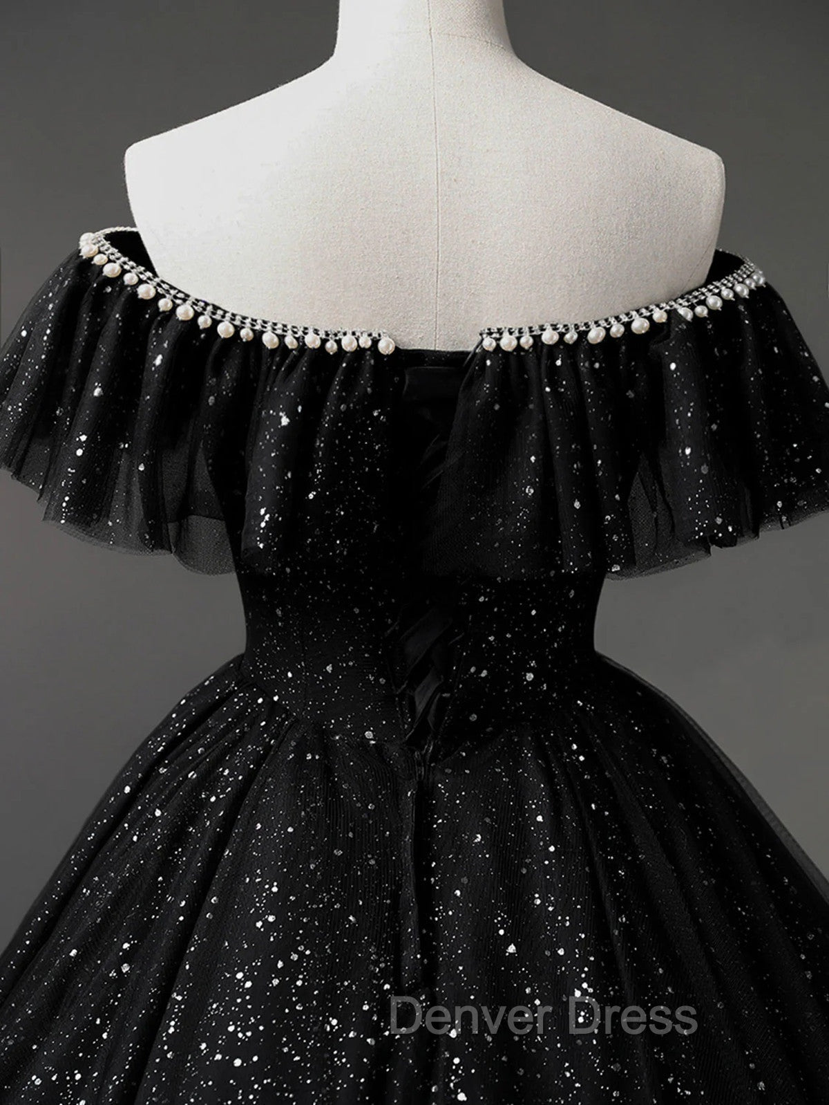 Black Tulle Beaded Long Prom Gowns, Black Tulle A Line Prom Dresses