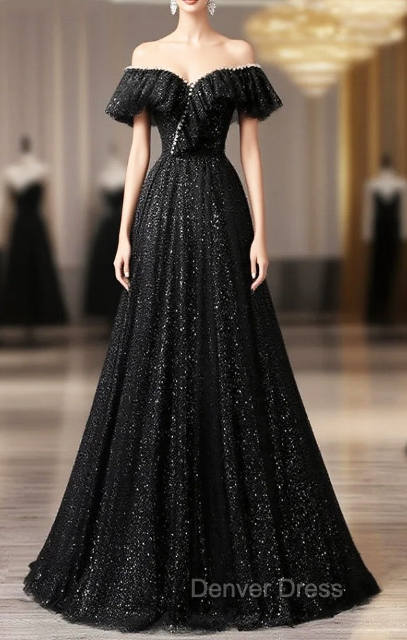 Black Tulle Beaded Long Formal Gown, Black Tulle A-line Prom Dresses Main image