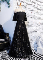 Black Tulle Beaded Long Party Dresses, A-Line Black Formal Dresses Prom Dresses