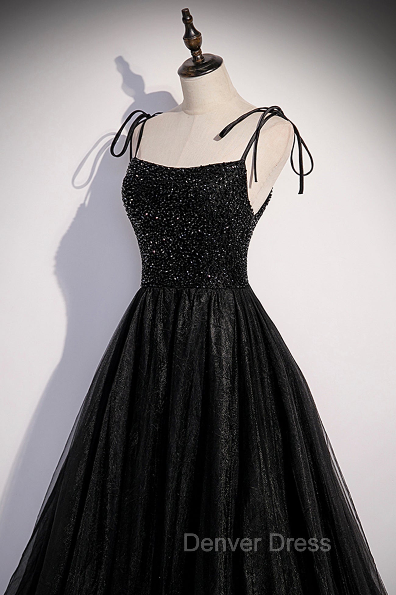 Black Tulle Beaded Long Prom Dresses, A-Line Spaghetti Straps Evening Dresses Secondary image