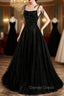 Black Tulle Beaded Long Prom Dresses, A-Line Spaghetti Straps Evening Dresses