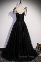 Black Tulle Beaded Long Prom Dress, A Line Spaghetti Straps Prom Dresses