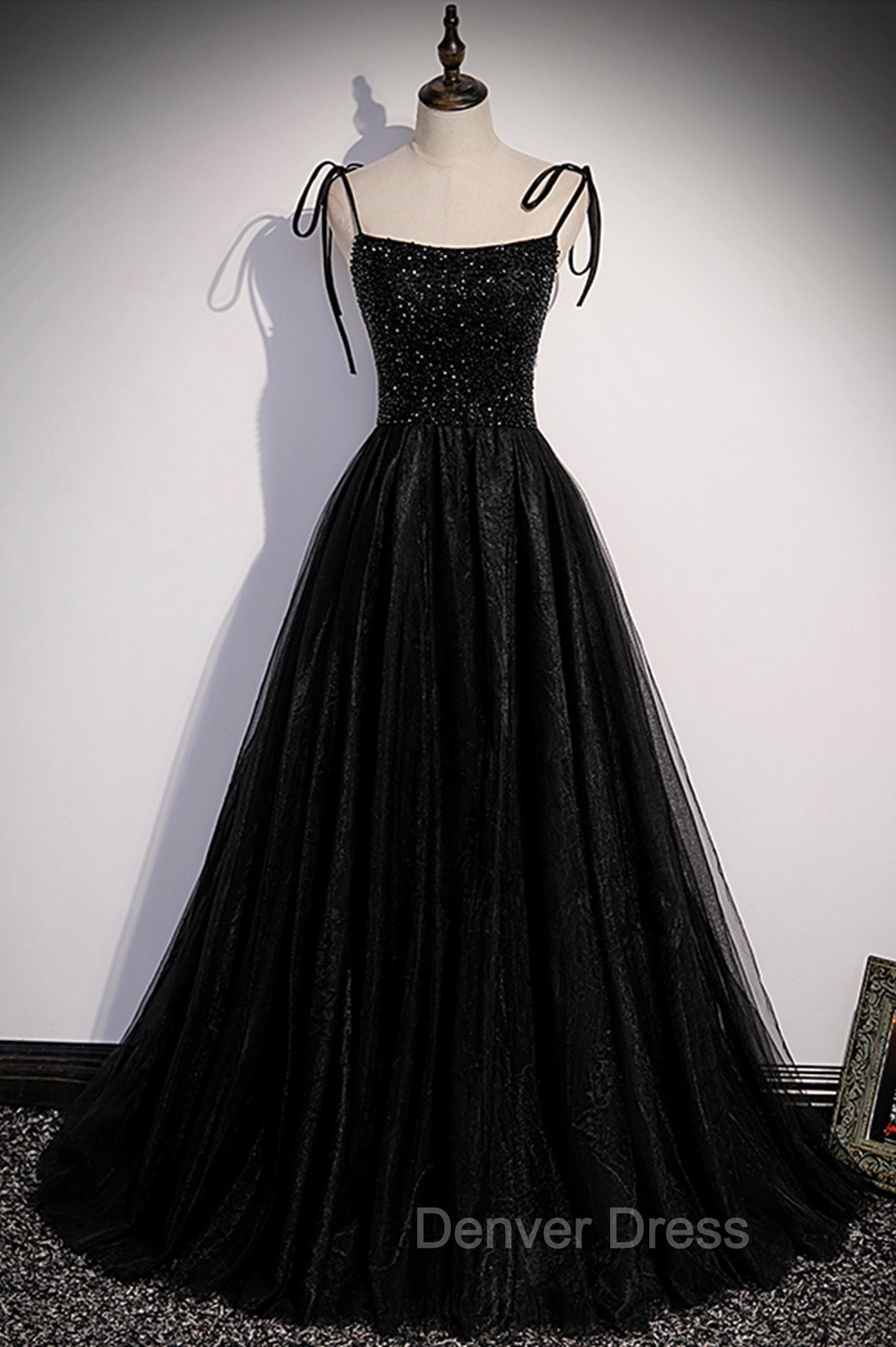 Black Tulle Beaded Long Prom Dresses, A-Line Spaghetti Straps Evening Dresses Main image