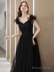 Black Tulle Beaded Long Prom Dress, Short Sleeve Evening Party Dress