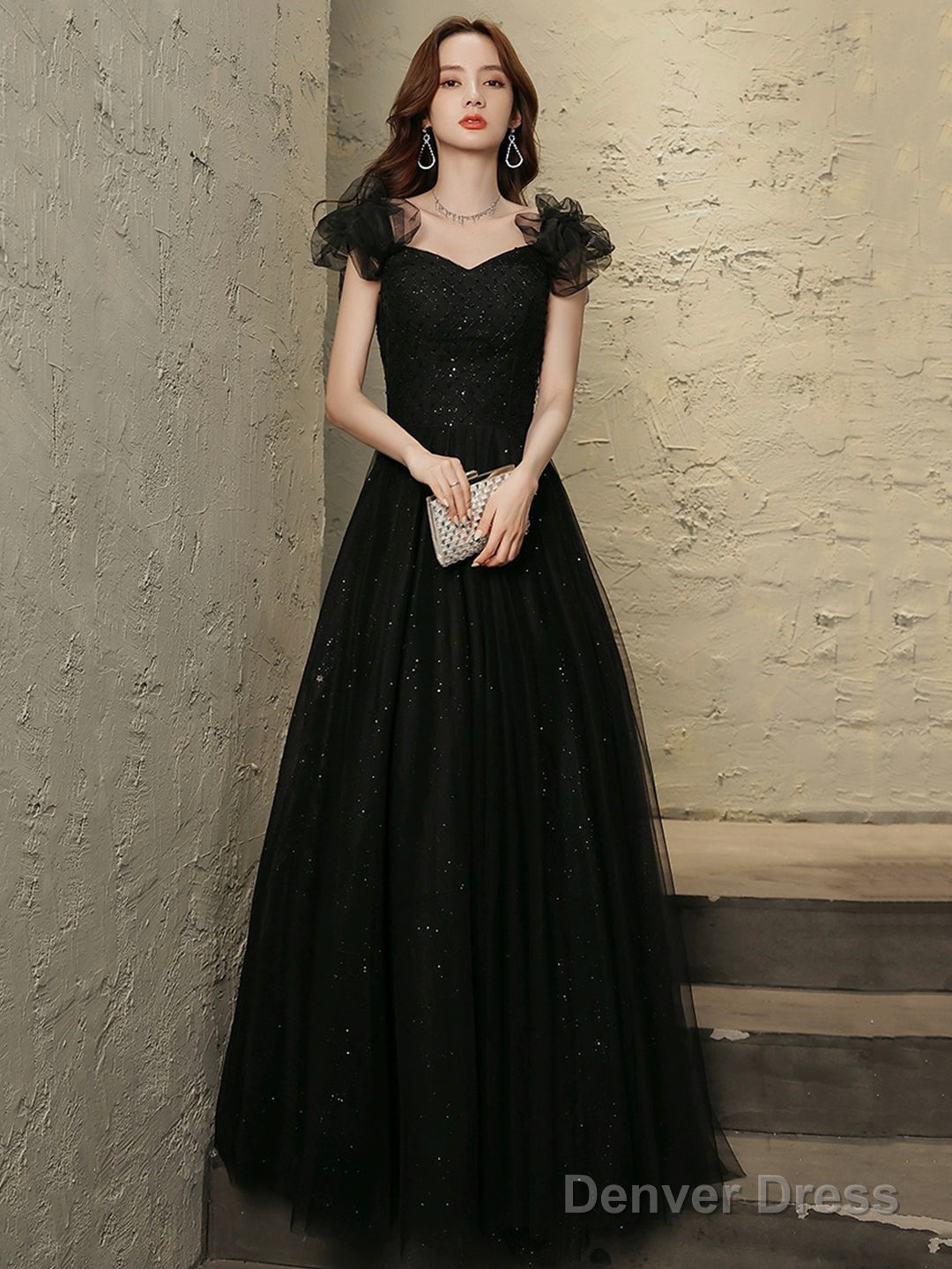 Black Tulle Beaded Long Prom Dress, Short Sleeve Evening Party Dress