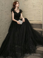 Black Tulle Beaded Long Prom Dress, Short Sleeve Evening Party Dress