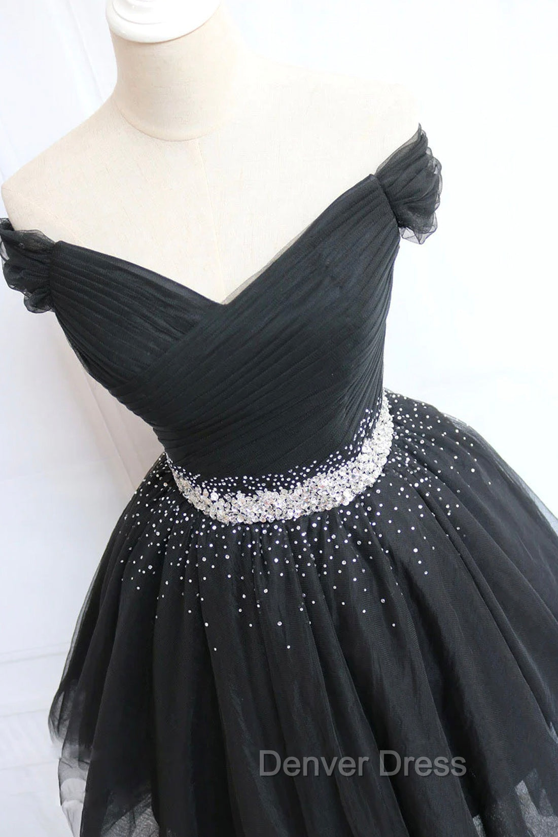 Black Tulle Beaded Short Prom Dresses, Off Shoulder Evening Party Dresses Secondary image