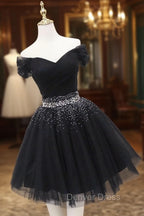 Black Tulle Beaded Short Prom Dresses, Off Shoulder Evening Party Dresses