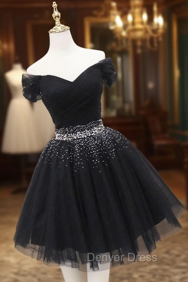 Black Tulle Beaded Short Prom Dresses, Off Shoulder Evening Party Dresses