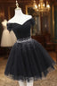 Black Tulle Beaded Short Prom Dresses, Off Shoulder Evening Party Dresses