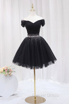 Black Tulle Beaded Short Prom Dress, Off Shoulder Prom Dresses
