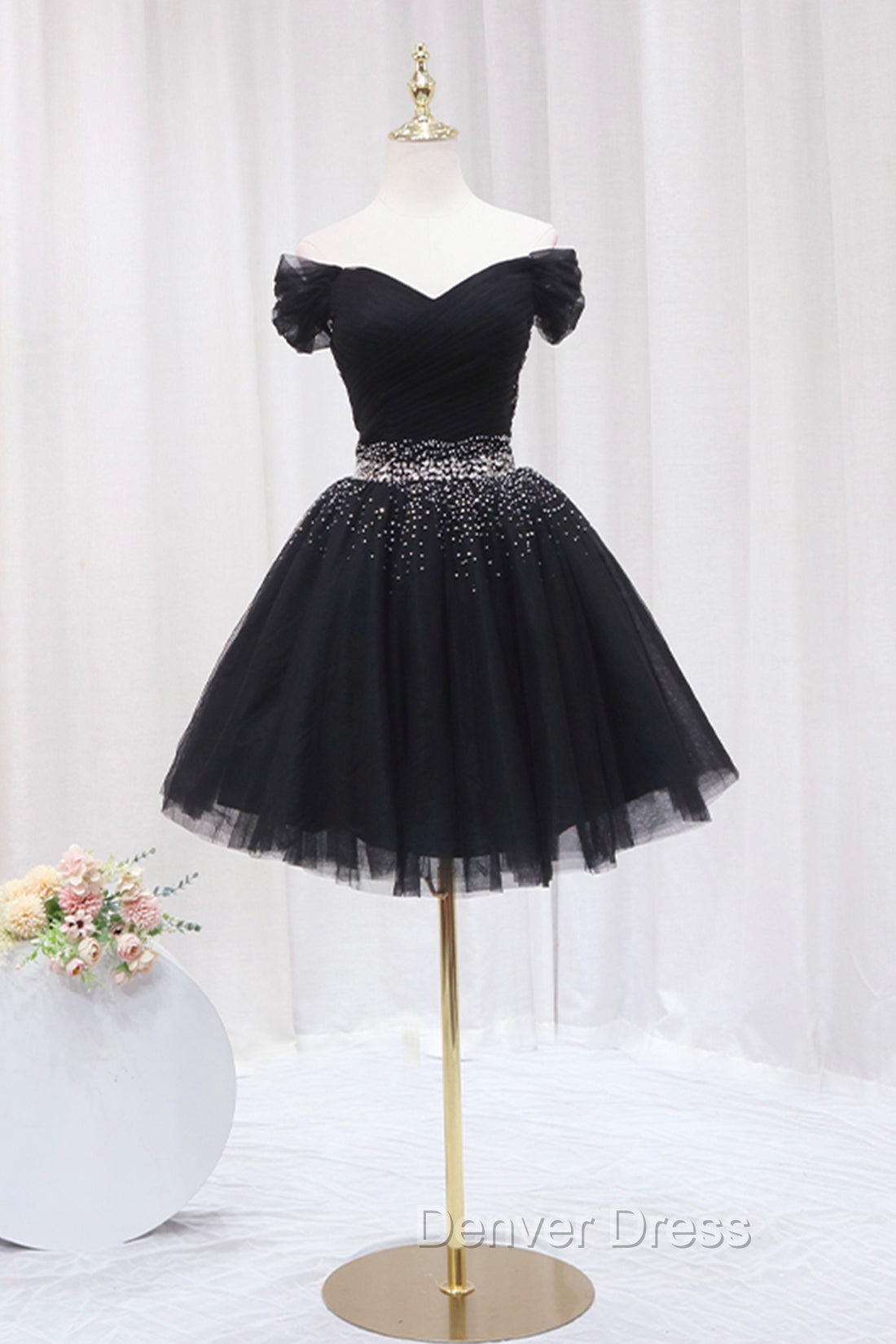 Black Tulle Beaded Short Prom Dress, Off Shoulder Prom Dresses