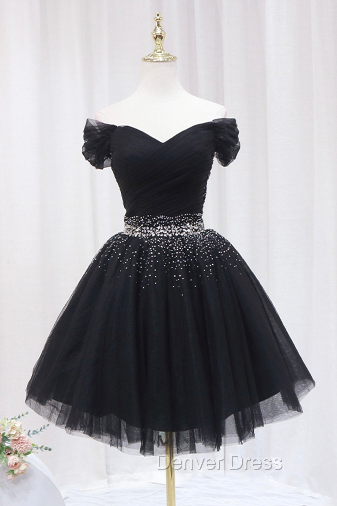 Black Tulle Beaded Short Prom Dresses, Off Shoulder Evening Party Dresses Main image