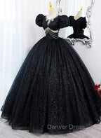 Black Tulle Beaded Short Sleeves Prom Dress, Black Tulle Prom Dresses