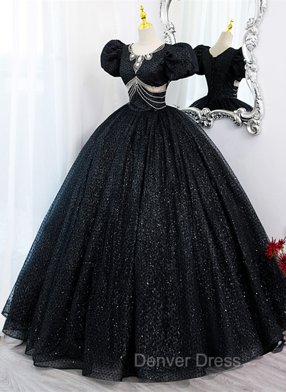 Black Tulle Beaded Short Sleeves Prom Dress, Black Tulle Prom Dresses